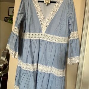 Sail to Sable Blue Dress with White Lace Trim